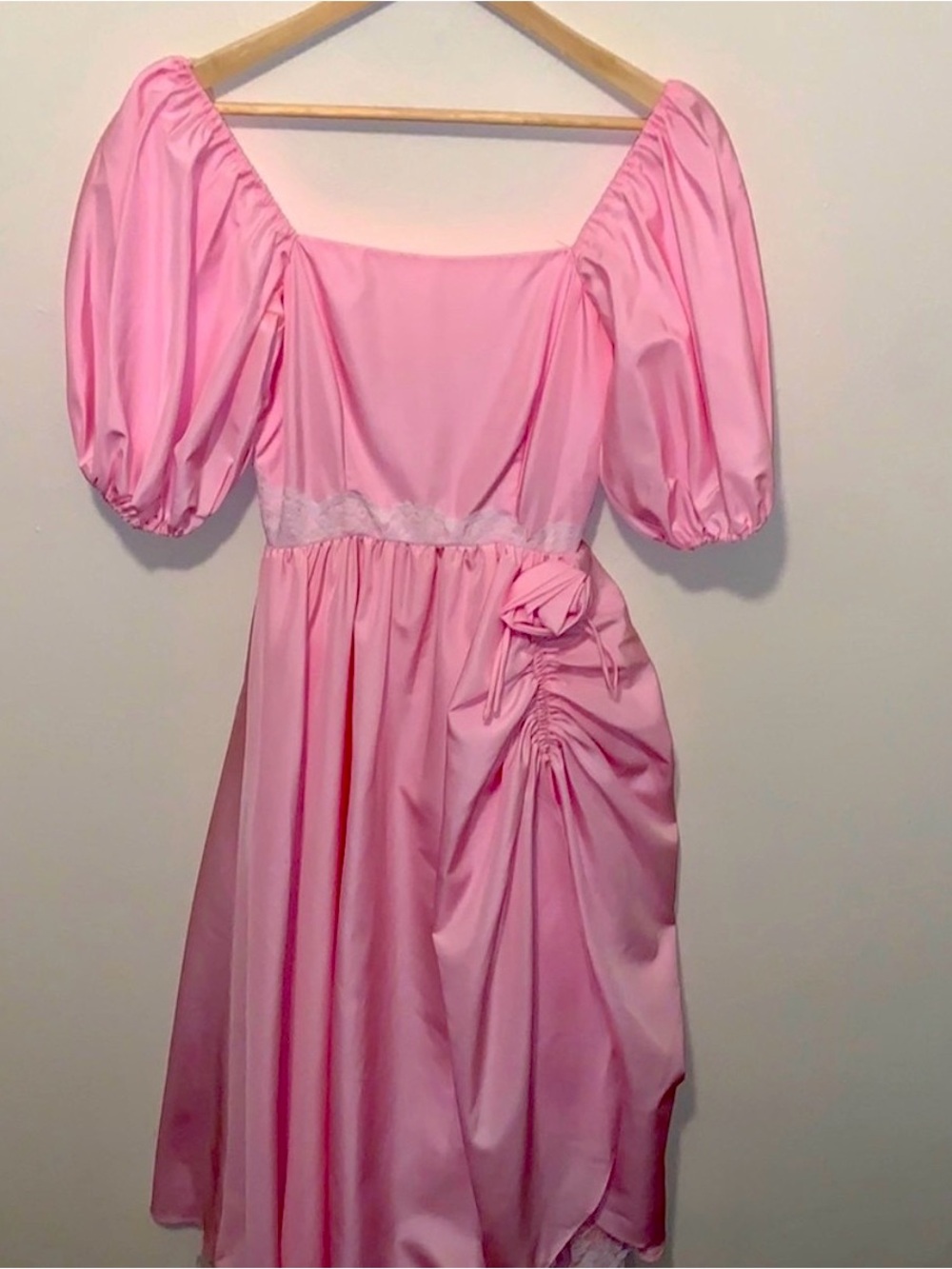 True Vintage 70s Pink Taffeta Maxi Dress Lace Tiered Prairie Puff Sleeve S